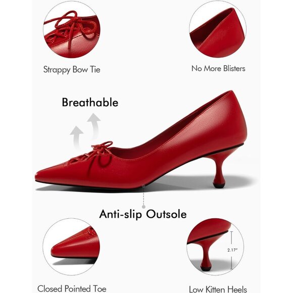 🆕Women Red Faux Leather Kitten Heels Strappy Bow Pointed Toe Dress Pumps - Picture 3 of 7